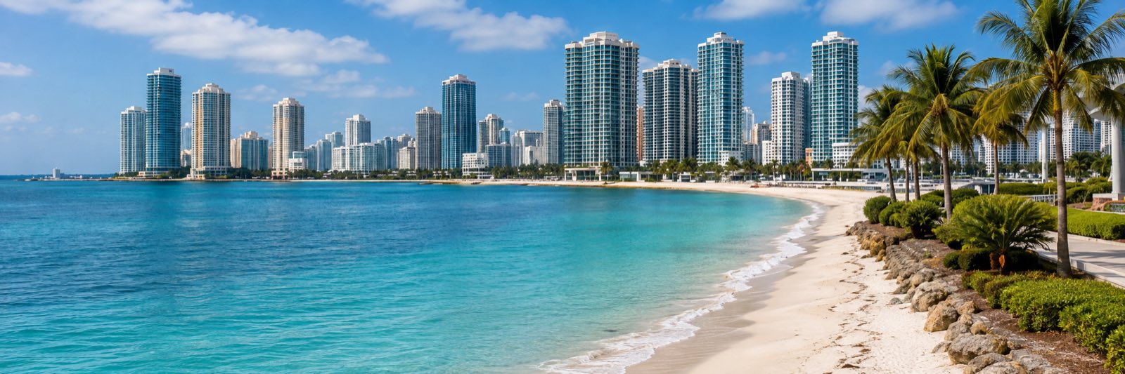 Miami skyline of high-rise buildings along the coast