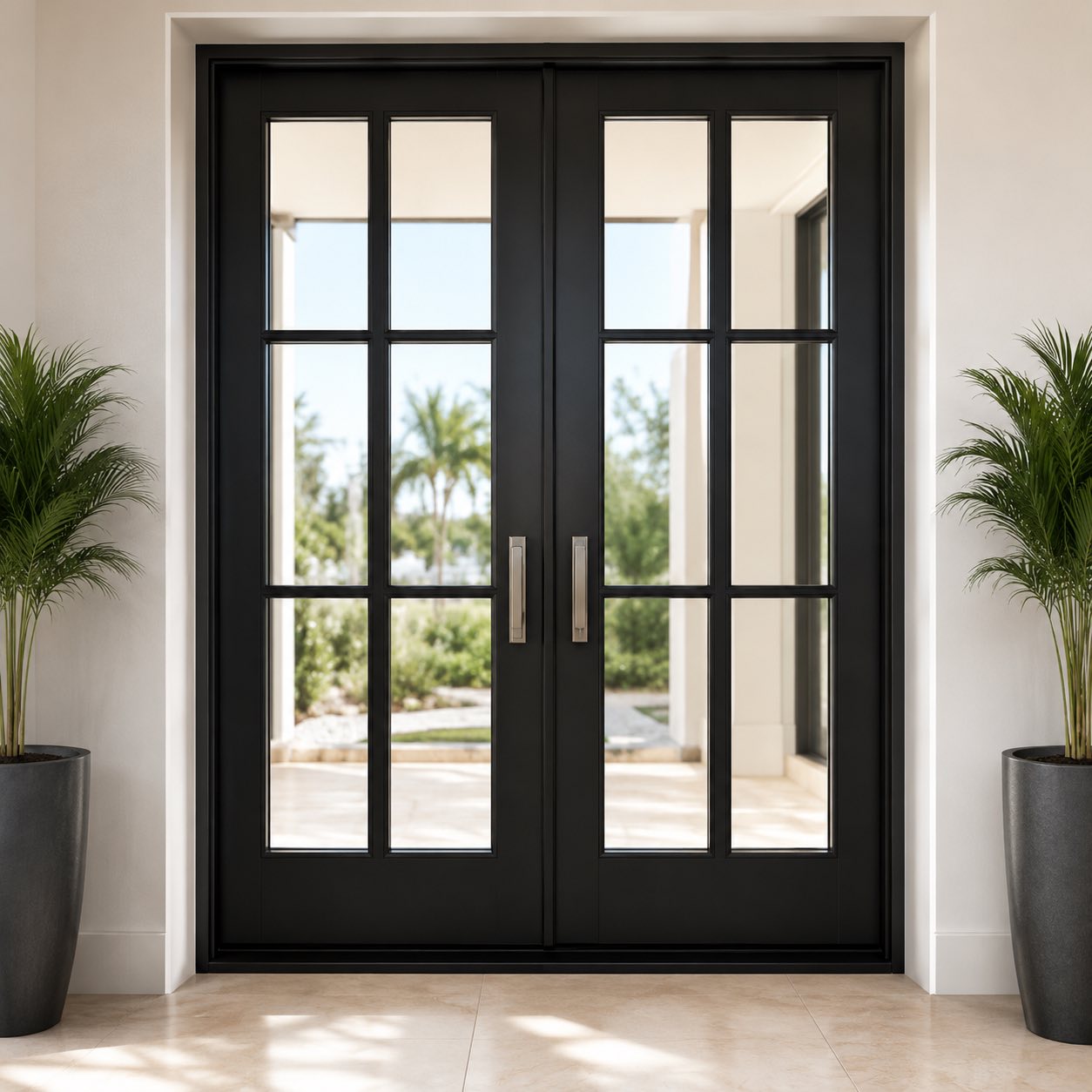 Black impact French doors with divided glass panels