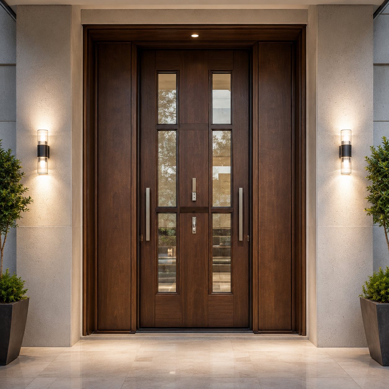 Dark wood impact entry door with glass panels and sidelites