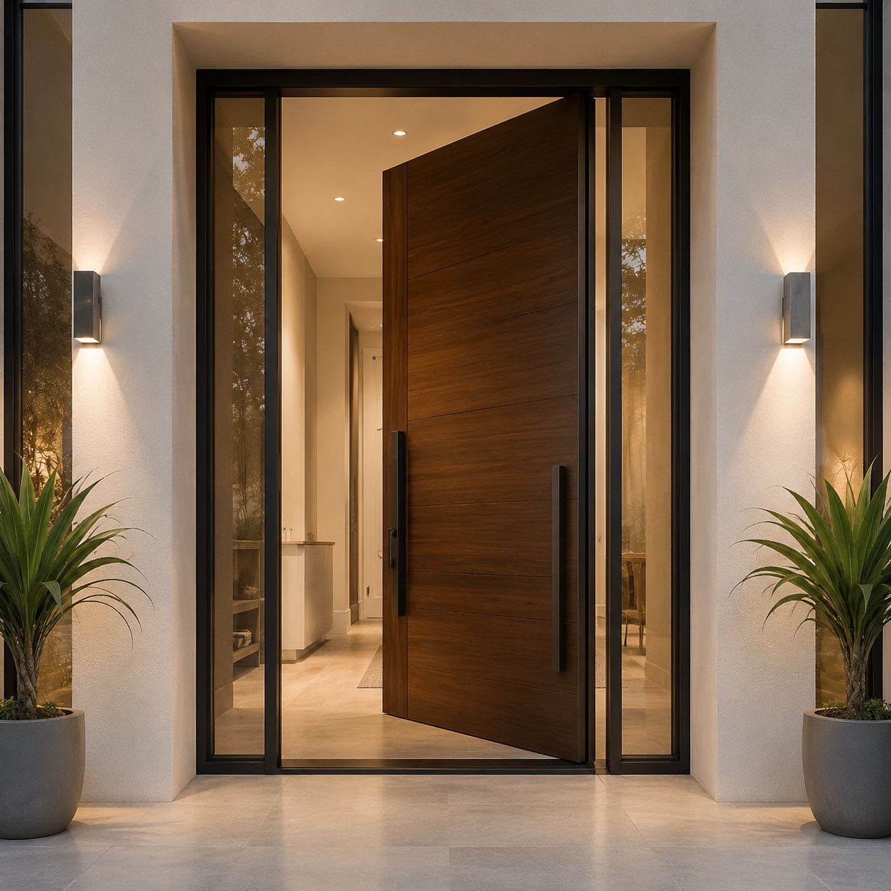 Wood pivot impact entry door with glass sidelites