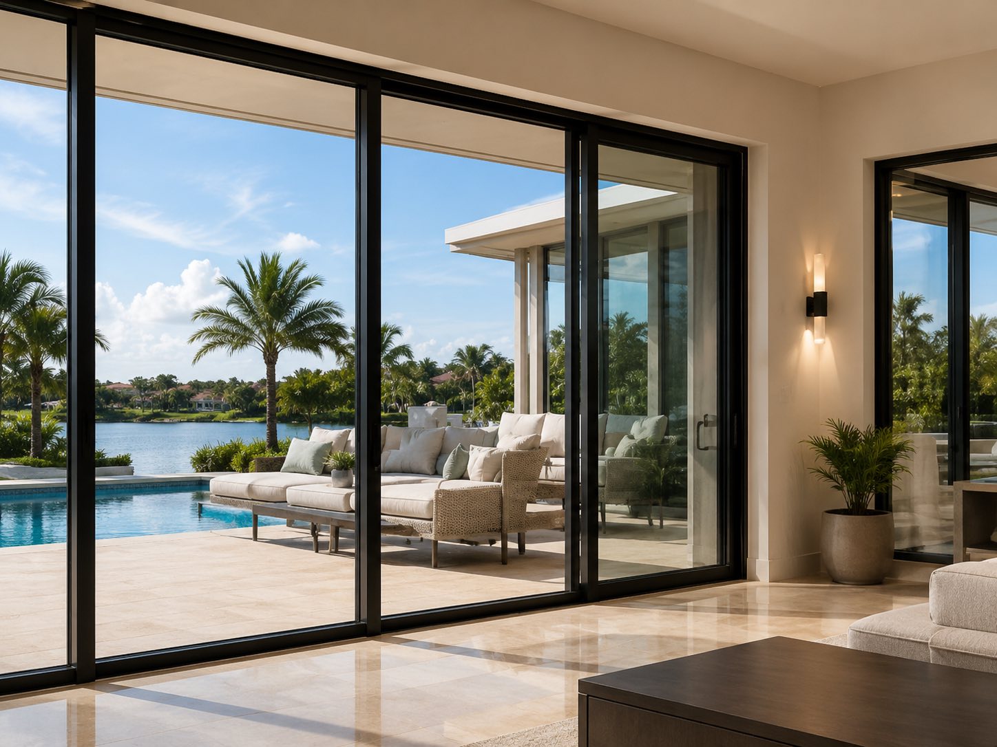 Covered pool terrace with impact sliding glass doors overlooking the water