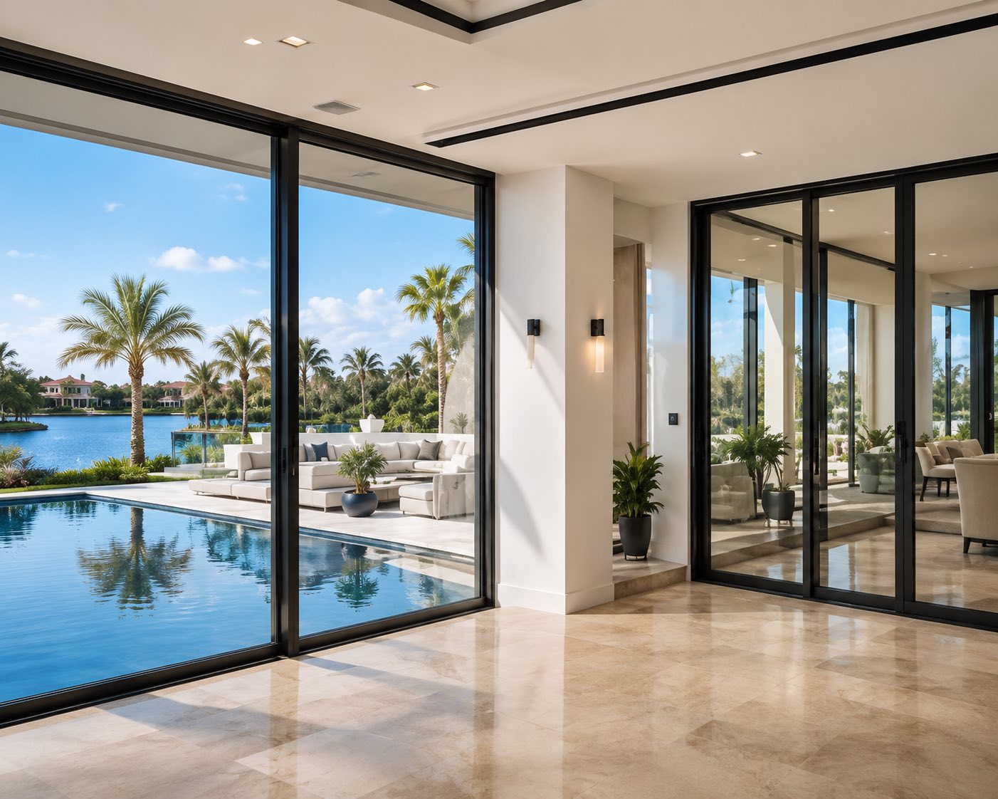 Interior of a South Florida home with impact sliding doors opening onto the pool