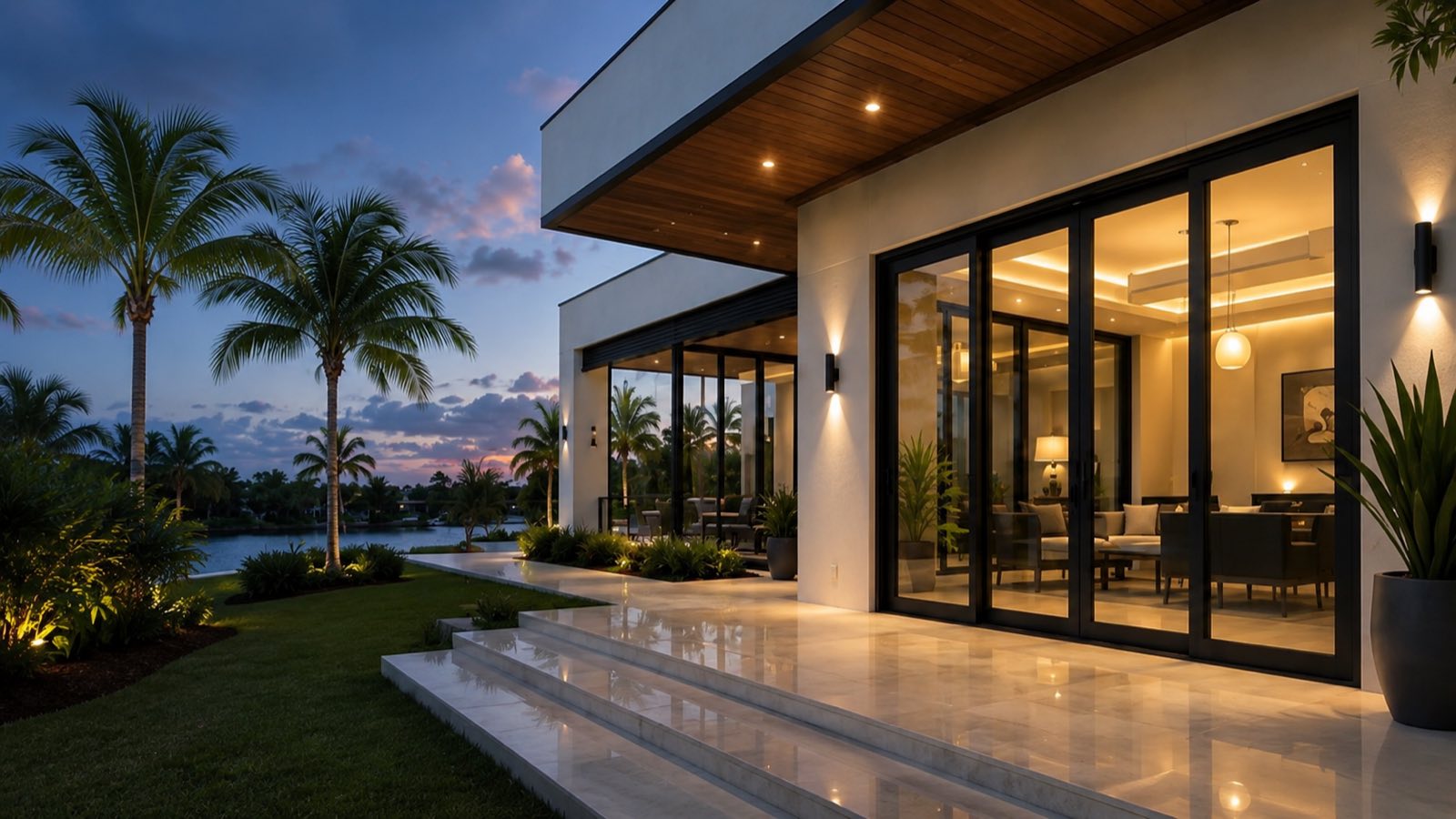 Impact sliding glass doors on a South Florida home at dusk, with pool and palms
