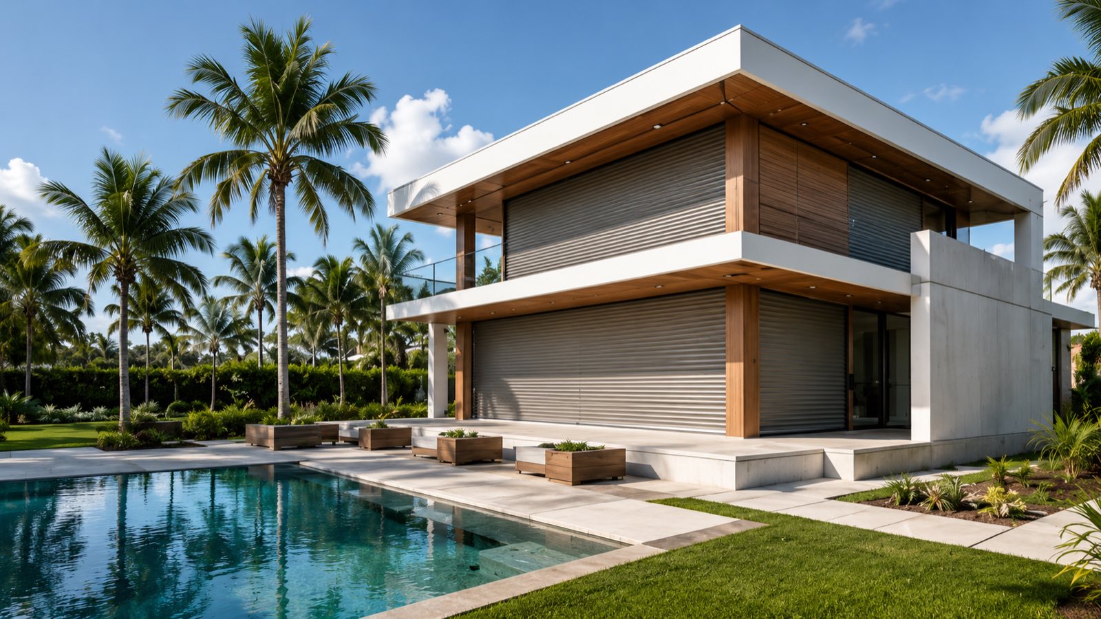 Roll-down hurricane shutters closed over the openings of a modern Miami home