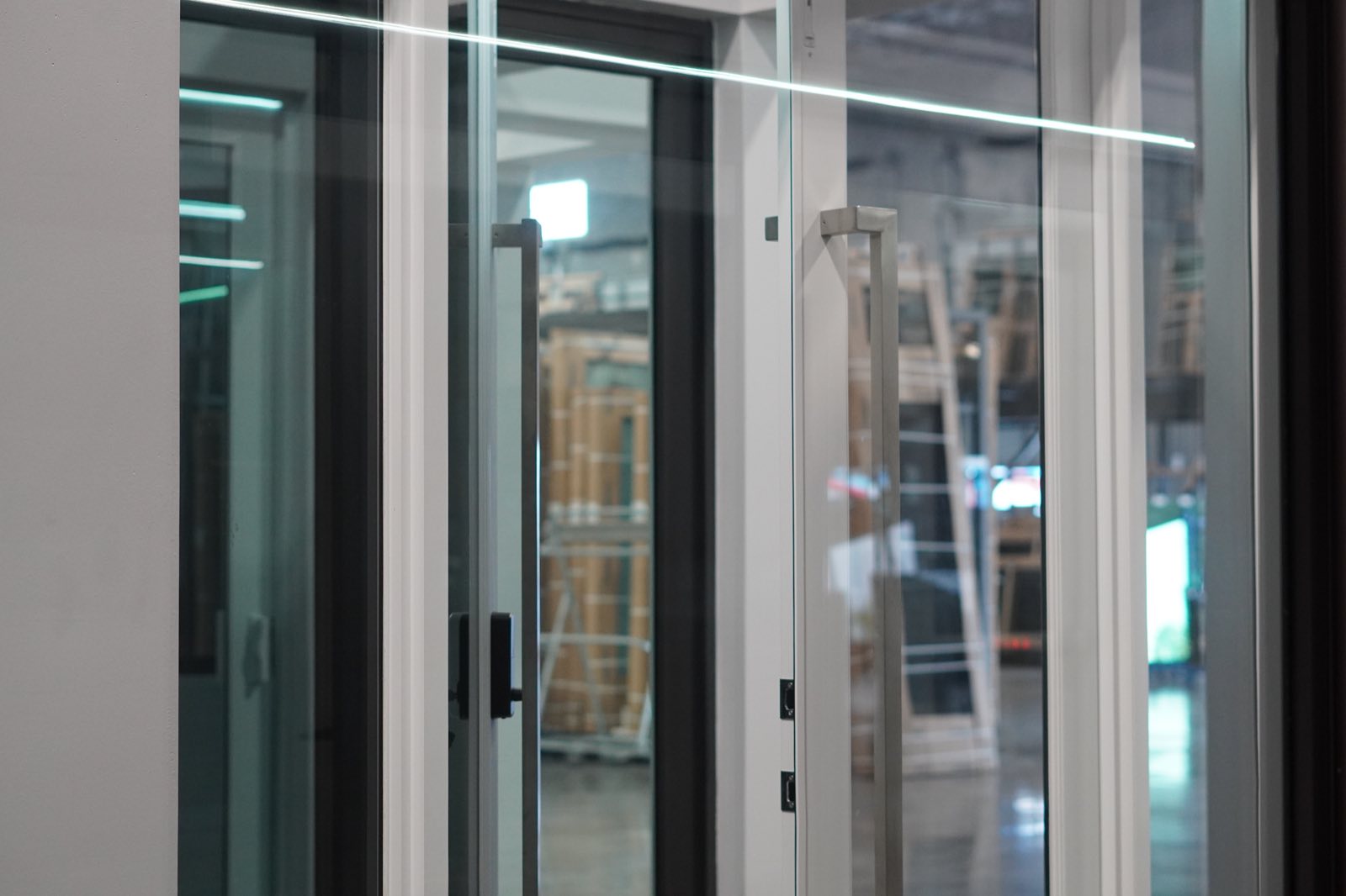 Impact sliding doors on display in a showroom