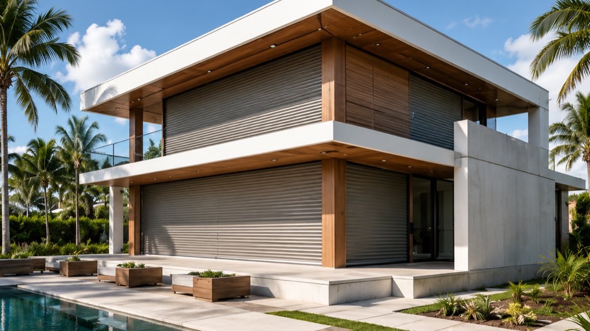Shutters enrollables de impacto cerrados sobre las aberturas de una casa moderna del Sur de la Florida