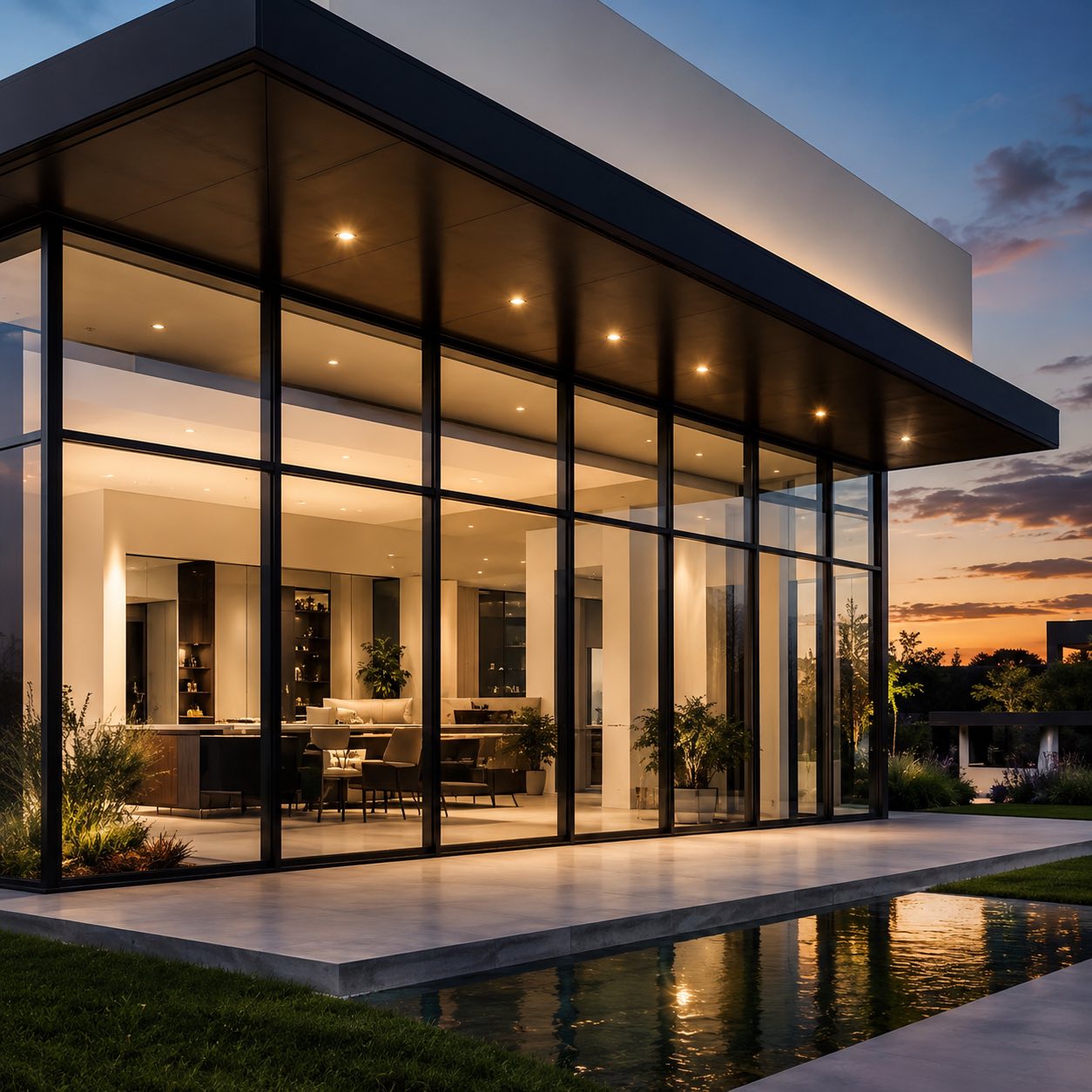 Floor-to-ceiling impact windows on a modern South Florida home at sunset