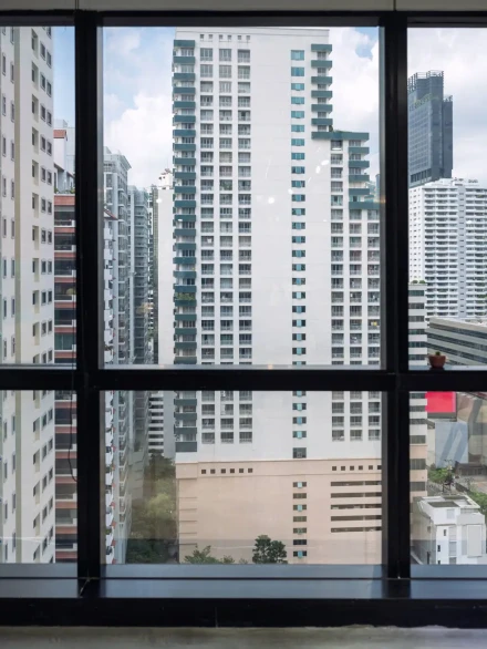 Interior of window office and crowded building in downtown at business district